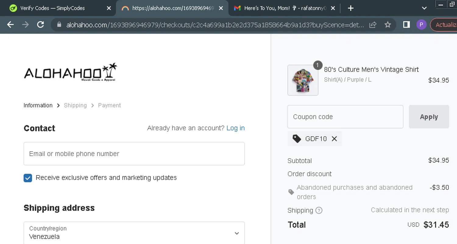 AlohaHoo coupon code screenshot showing code GDF10 applied at AlohaHoo checkout page. Uploaded by SimplyCodes community member ParisSmith on May 11, 2025