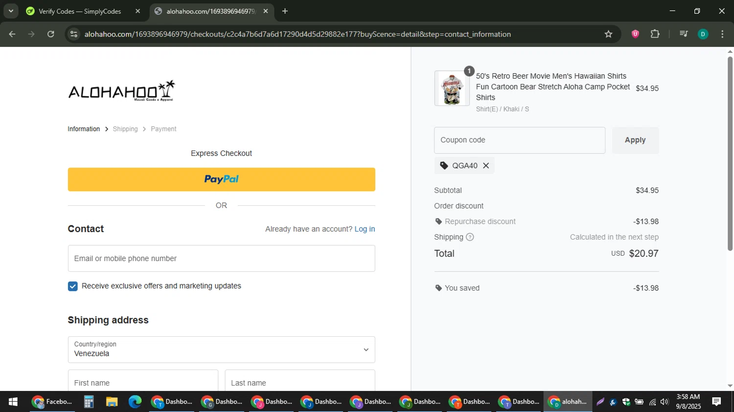 AlohaHoo coupon code screenshot showing code Qga40 applied at AlohaHoo checkout page. Uploaded by SimplyCodes community member ThriftyLion6776 on Sep 8, 2025