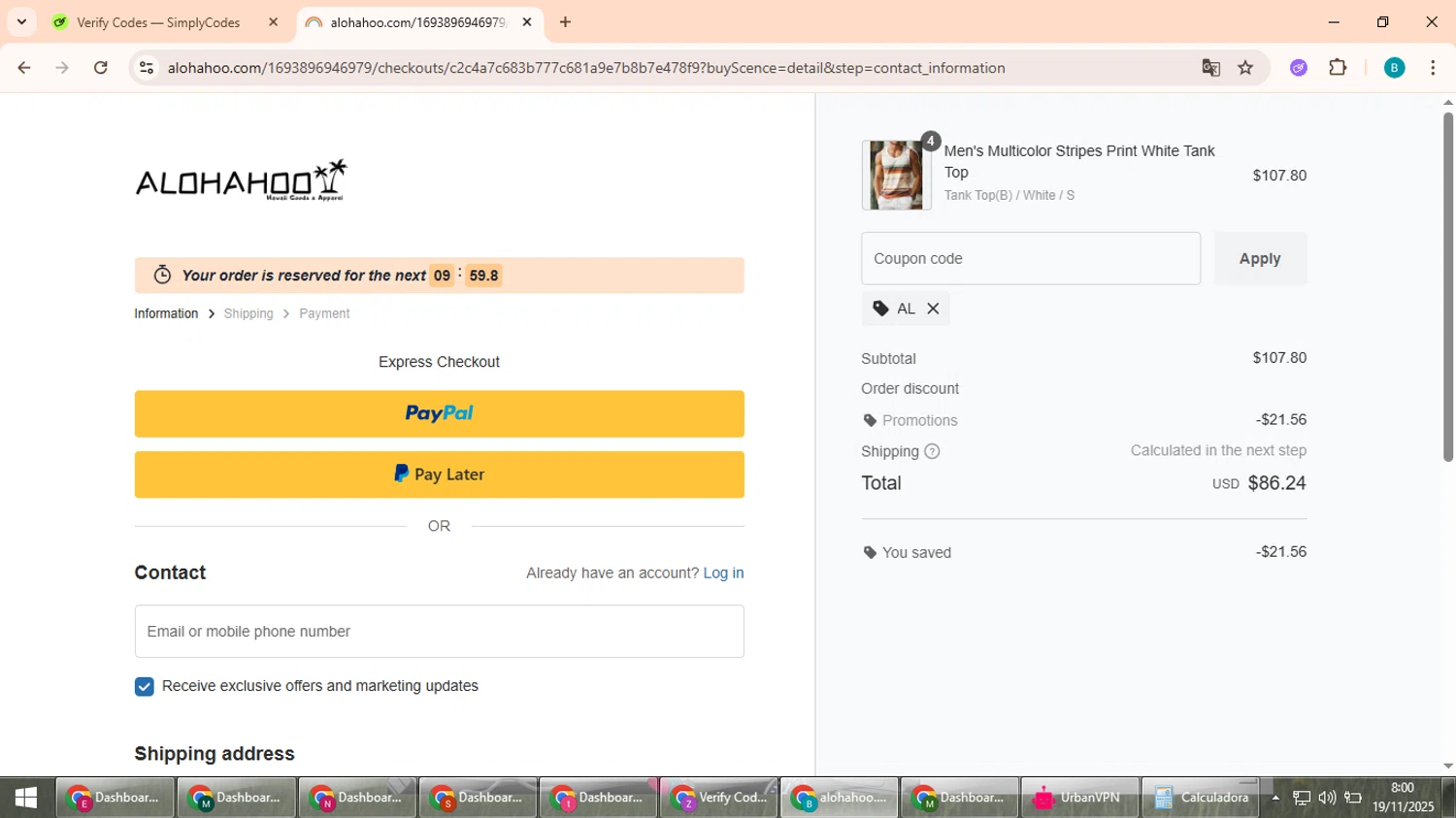AlohaHoo coupon code screenshot showing code AL applied at AlohaHoo checkout page. Uploaded by SimplyCodes community member QuestScholar5572 on Nov 19, 2025