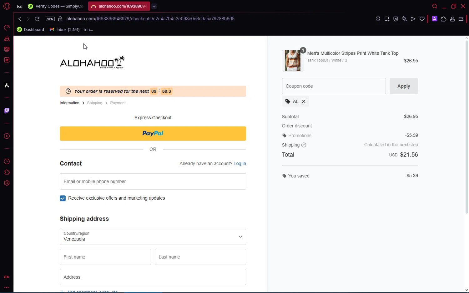 AlohaHoo coupon code screenshot showing code AL applied at AlohaHoo checkout page. Uploaded by SimplyCodes community member SaleRanger1759 on Aug 24, 2025