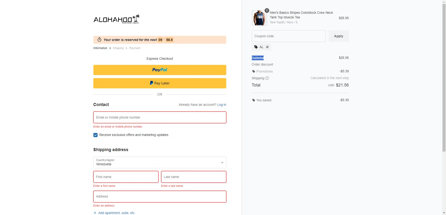 AlohaHoo coupon code screenshot showing code AL applied at AlohaHoo checkout page. Uploaded by SimplyCodes community member ValiantAce1810 on Nov 27, 2025