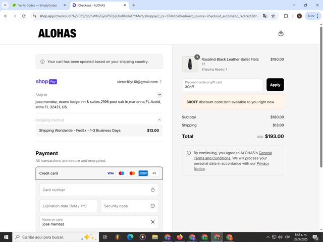 Alohas checkout page showing Alohas coupon code box | Screenshot taken by SimplyCodes community member on Aug 27, 2025