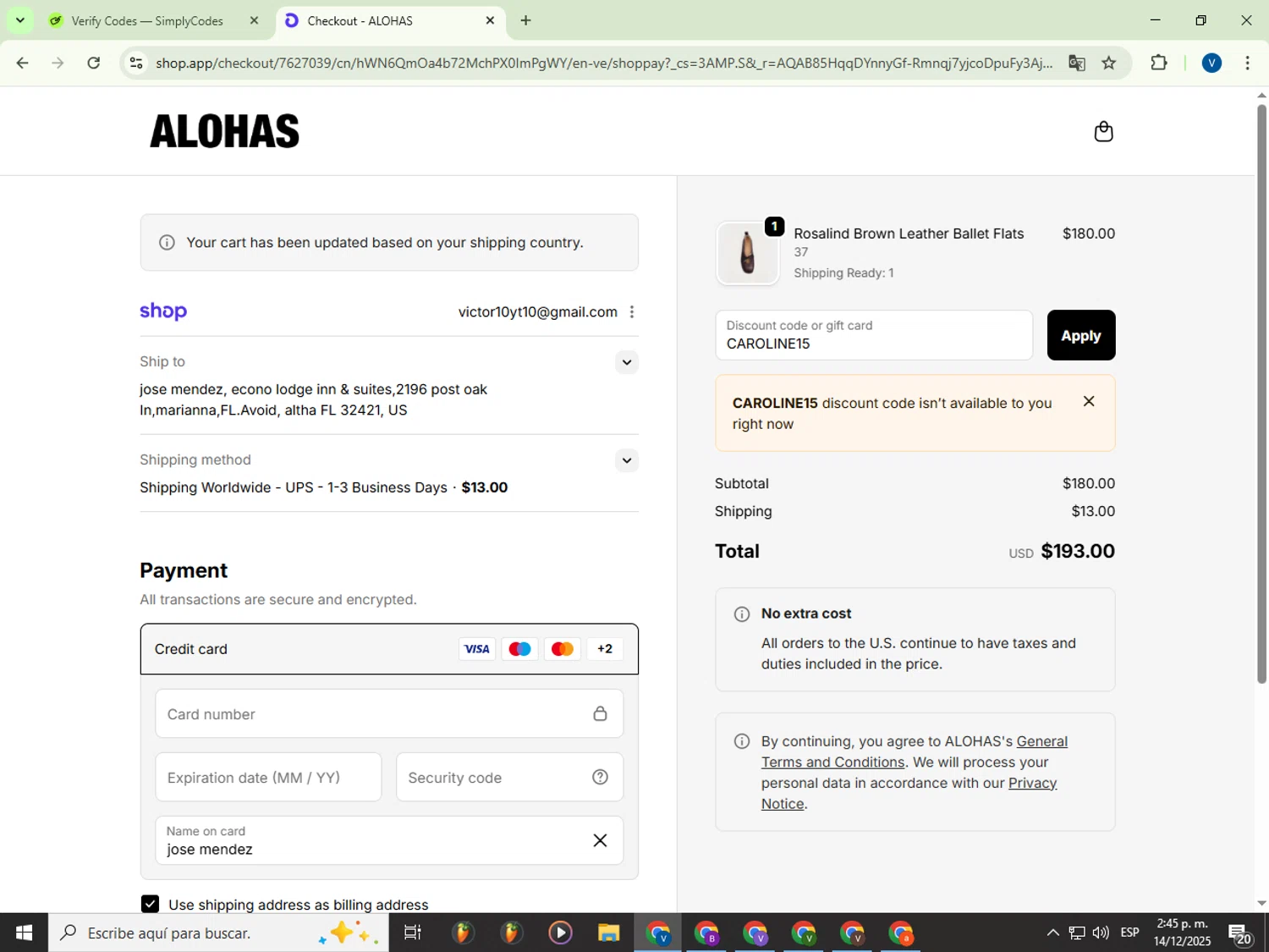 Alohas coupon code screenshot showing code CAROLINE15 applied at Alohas checkout page. Uploaded by SimplyCodes community member Garou_Y2K on Dec 14, 2025