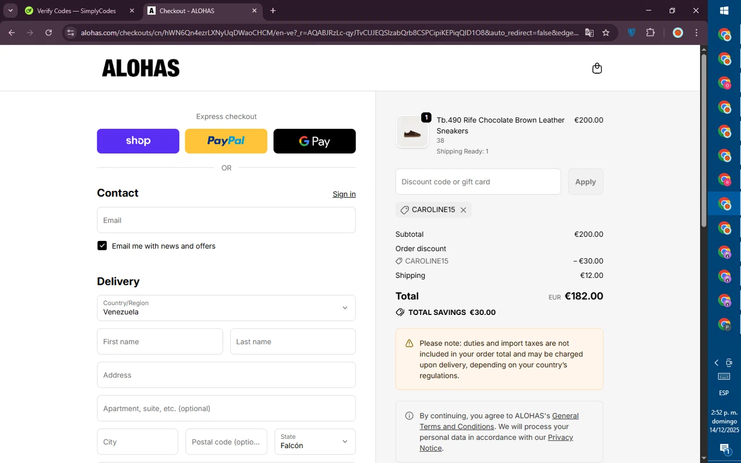 Alohas coupon code screenshot showing code CAROLINE15 applied at Alohas checkout page. Uploaded by SimplyCodes community member PromoVoyager8446 on Dec 14, 2025