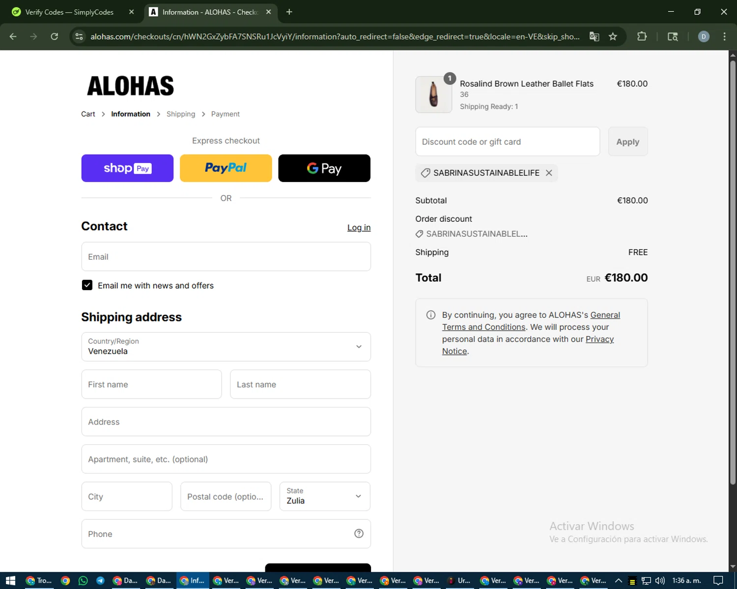 Alohas coupon code screenshot showing code SABRINASUSTAINABLELIFE applied at Alohas checkout page. Uploaded by SimplyCodes community member CleverCurator2558 on Aug 27, 2025