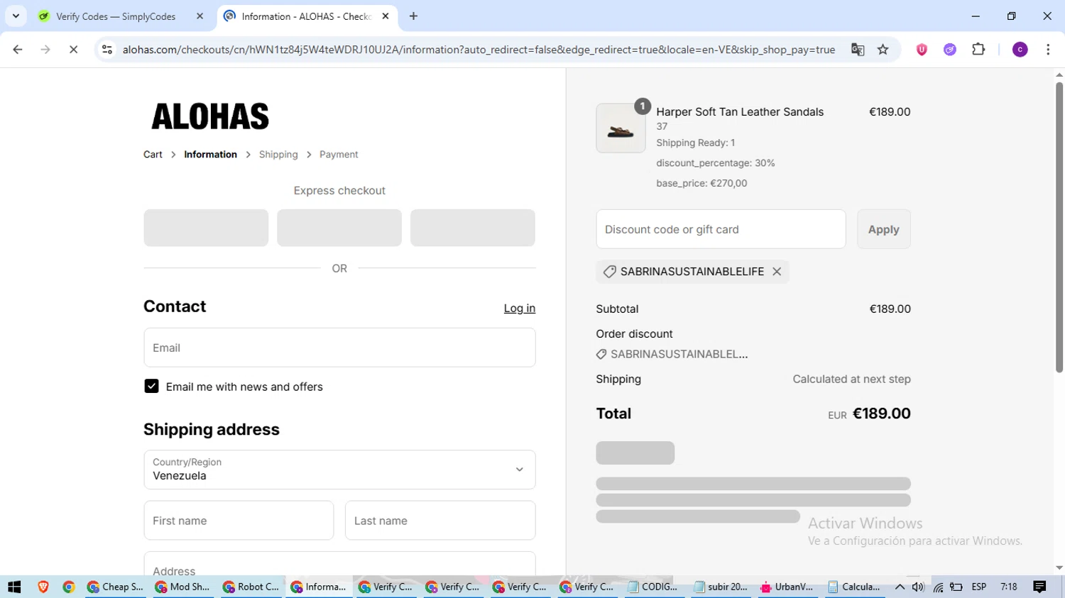 Alohas coupon code screenshot showing code SABRINASUSTAINABLELIFE applied at Alohas checkout page. Uploaded by SimplyCodes community member SavingsWarden1053 on Aug 17, 2025