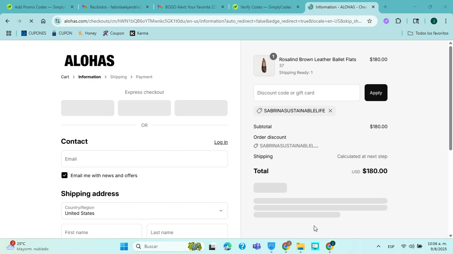 Alohas coupon code screenshot showing code SABRINASUSTAINABLELIFE applied at Alohas checkout page. Uploaded by SimplyCodes community member jorgejavierherrera on Aug 9, 2025