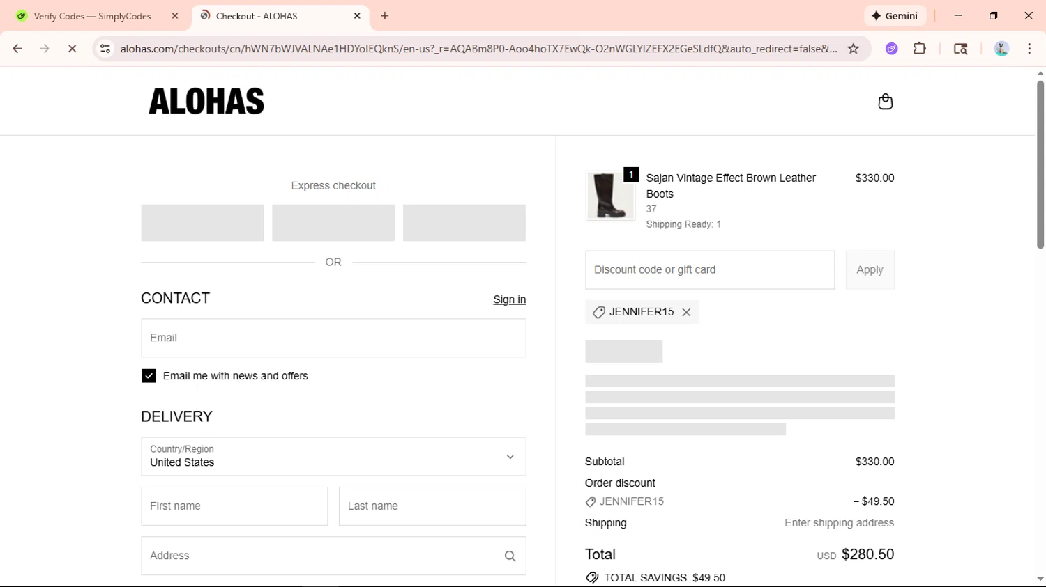 Alohas checkout page showing Alohas coupon code box | Screenshot taken by SimplyCodes community member on Jan 14, 2026