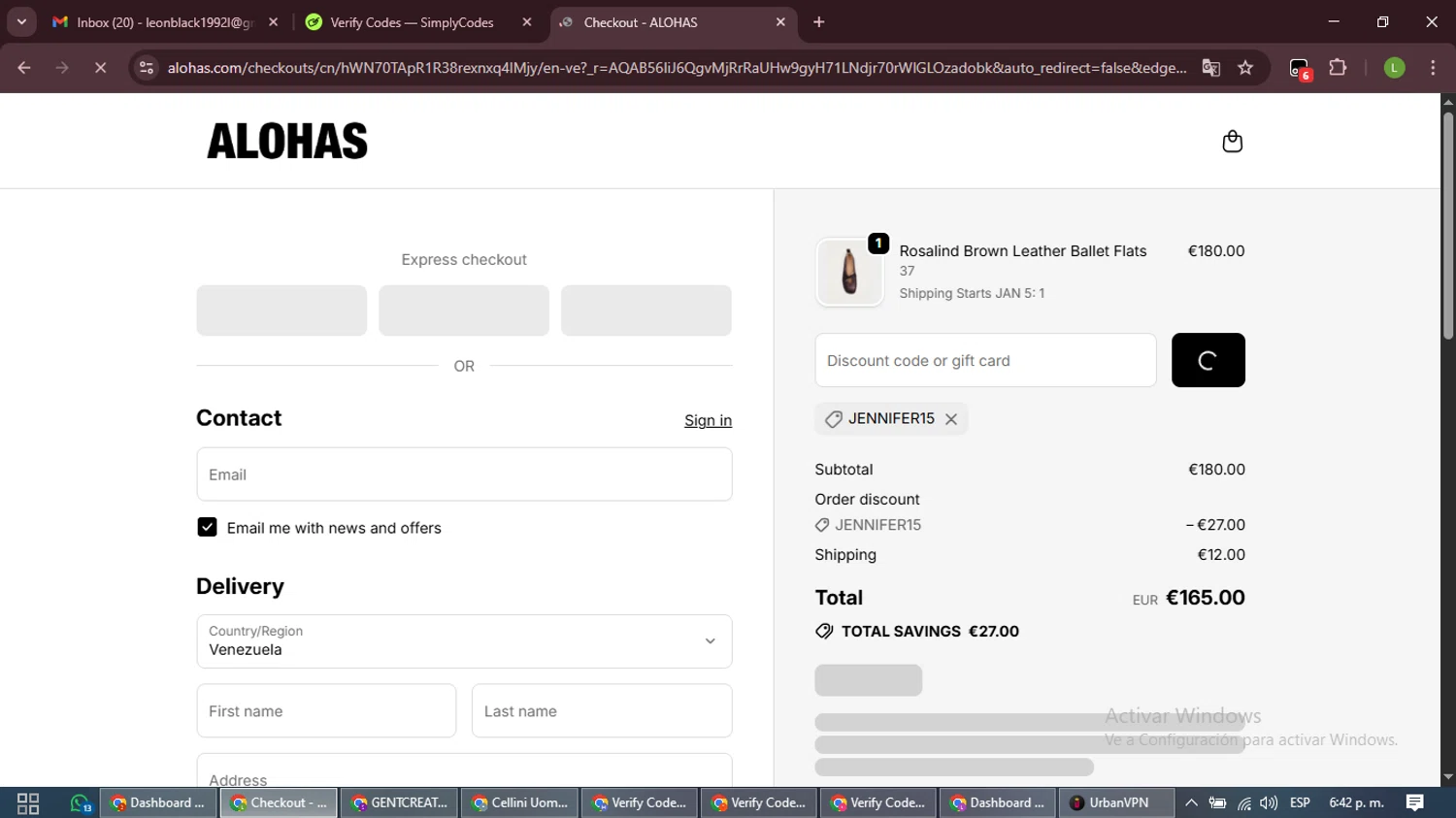 Alohas coupon code screenshot showing code JENNIFER15 applied at Alohas checkout page. Uploaded by SimplyCodes community member CleverFalcon7682 on Dec 29, 2025