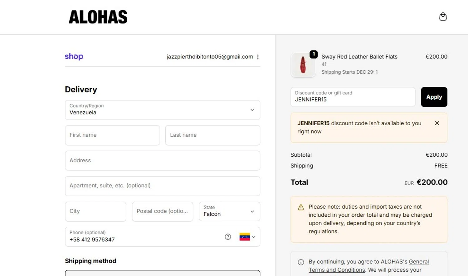 Alohas coupon code screenshot showing code JENNIFER15 applied at Alohas checkout page. Uploaded by SimplyCodes community member FortunateScholar5901 on Dec 5, 2025