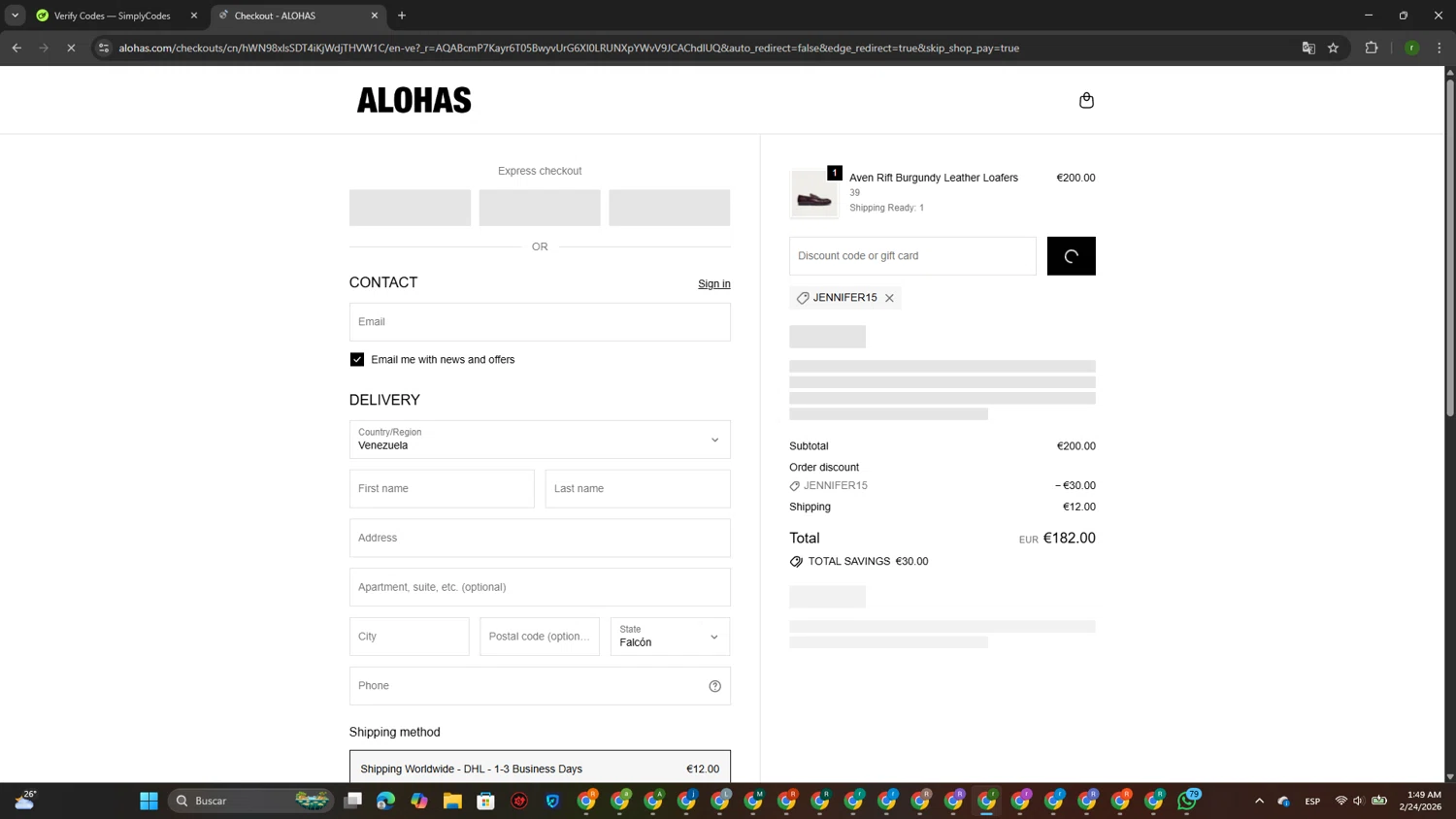 Alohas coupon code screenshot showing code JENNIFER15 applied at Alohas checkout page. Uploaded by SimplyCodes community member GoldScout9735 on Feb 24, 2026