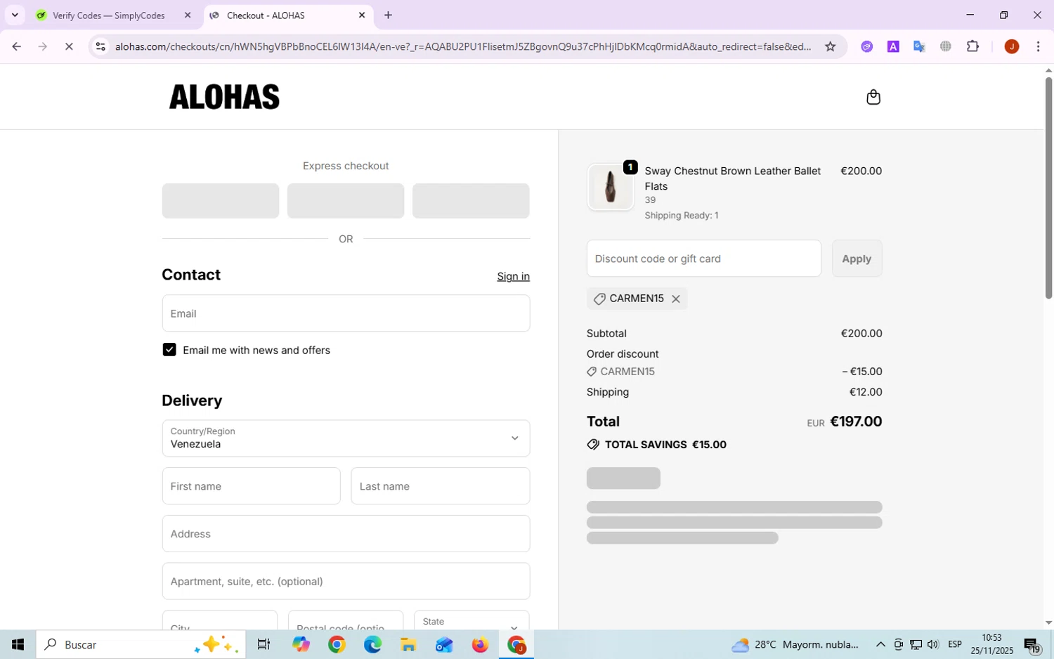 Alohas coupon code screenshot showing code CARMEN15 applied at Alohas checkout page. Uploaded by SimplyCodes community member ThriftyScout4426 on Nov 25, 2025