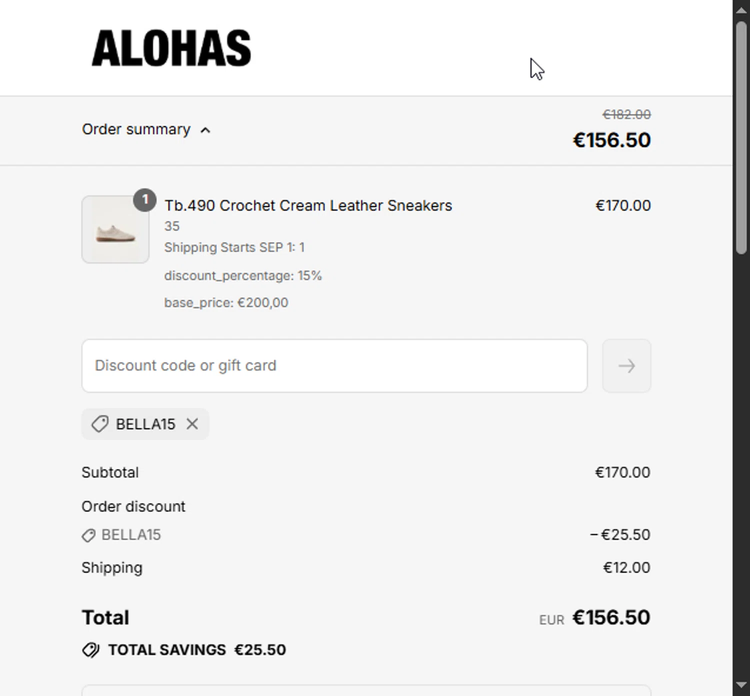 Alohas coupon code screenshot showing code BELLA15 applied at Alohas checkout page. Uploaded by SimplyCodes community member LuckyPioneer1027 on Aug 17, 2025