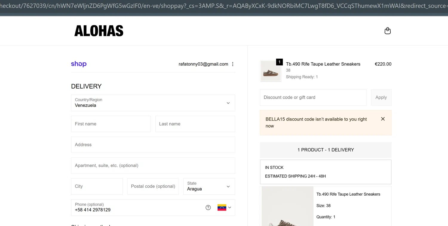 Alohas checkout page showing Alohas coupon code box | Screenshot taken by SimplyCodes community member on Jan 15, 2026