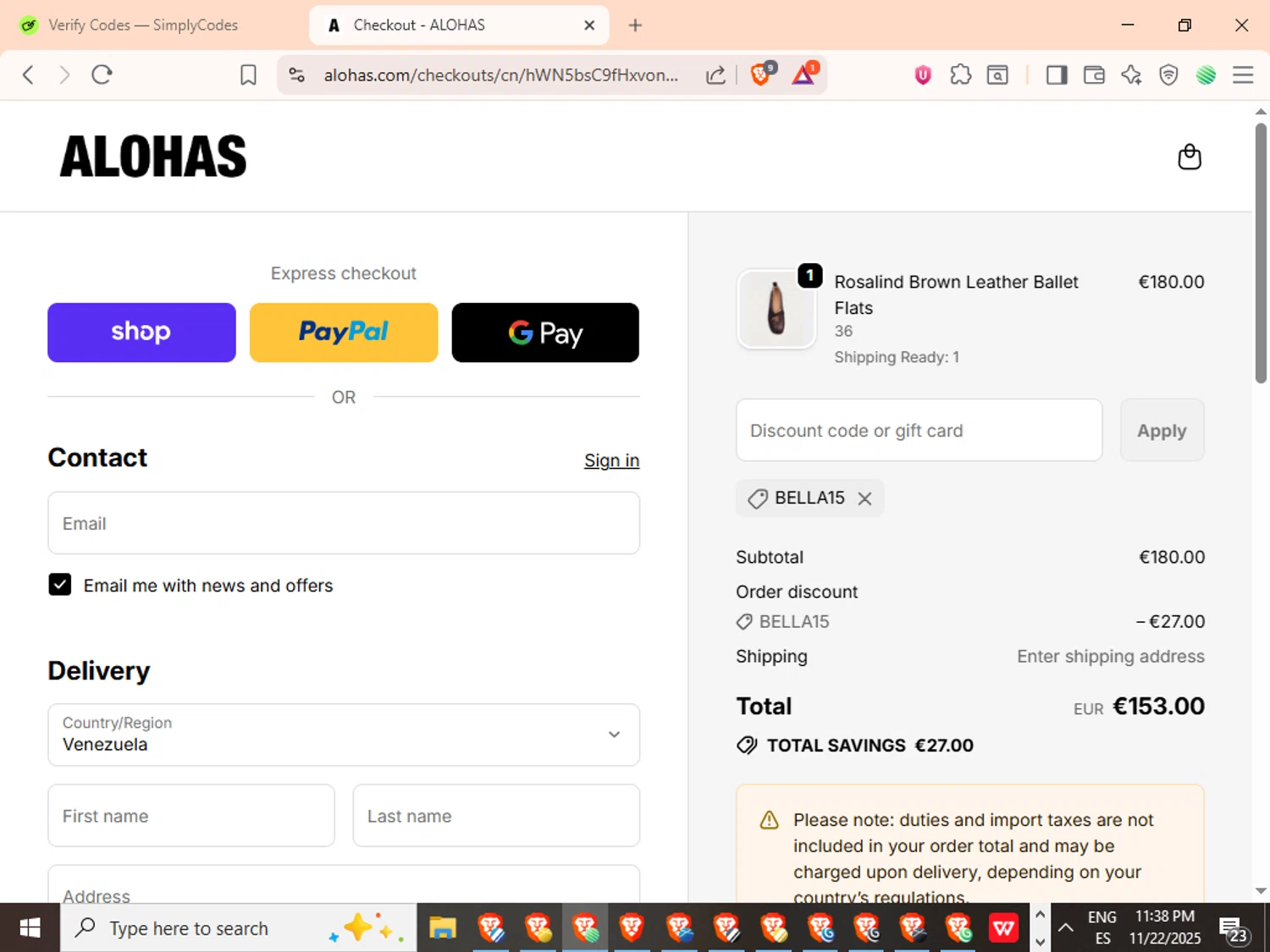 Alohas coupon code screenshot showing code BELLA15 applied at Alohas checkout page. Uploaded by SimplyCodes community member SwiftMaverick5973 on Nov 23, 2025