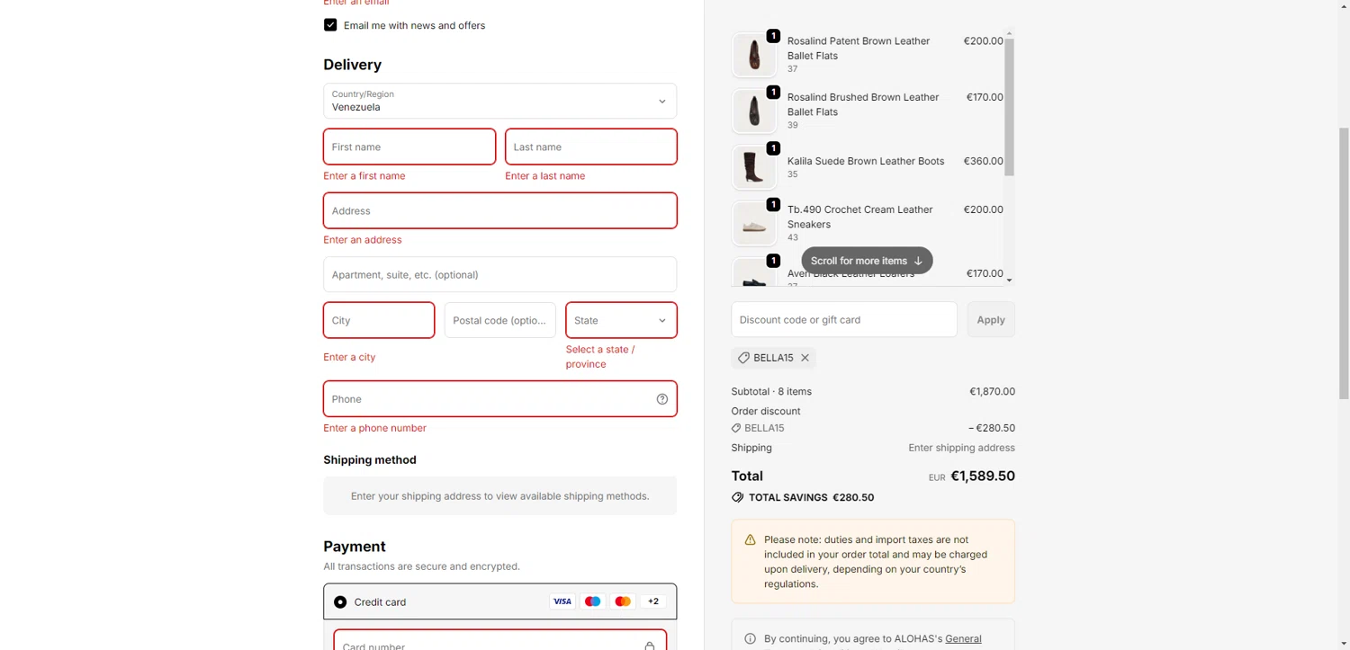 Alohas coupon code screenshot showing code BELLA15 applied at Alohas checkout page. Uploaded by SimplyCodes community member ValiantAce1810 on Jan 8, 2026