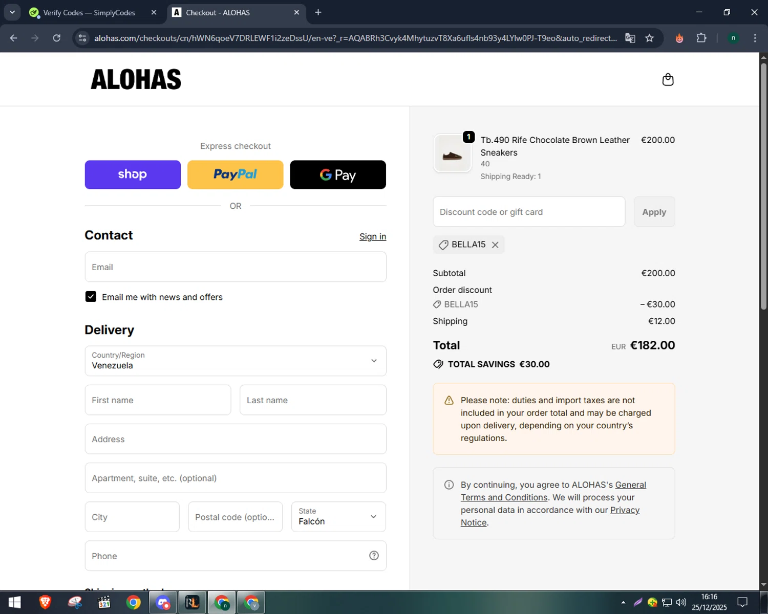 Alohas coupon code screenshot showing code BELLA15 applied at Alohas checkout page. Uploaded by SimplyCodes community member VoucherWizard5329 on Dec 25, 2025