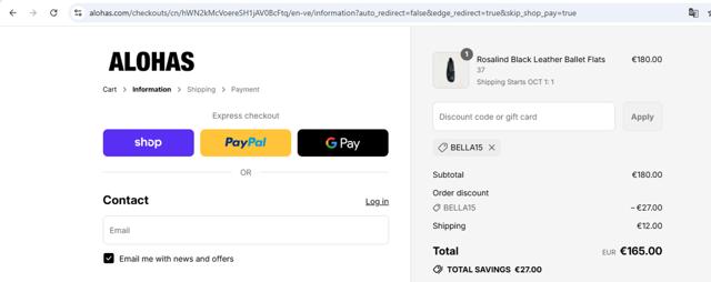 Alohas checkout page showing Alohas coupon code box | Screenshot taken by SimplyCodes community member on Sep 8, 2025