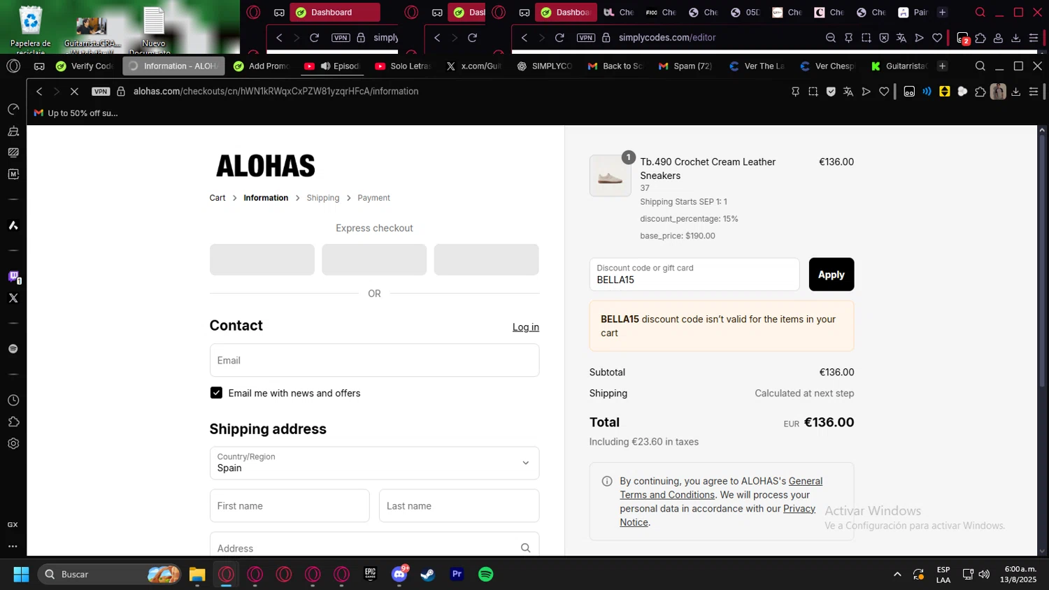 Alohas coupon code screenshot showing code BELLA15 applied at Alohas checkout page. Uploaded by SimplyCodes community member kurcovein on Aug 13, 2025