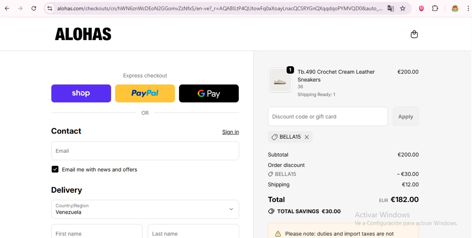 Alohas coupon code screenshot showing code BELLA15 applied at Alohas checkout page. Uploaded by SimplyCodes community member laurachirinos on Dec 29, 2025