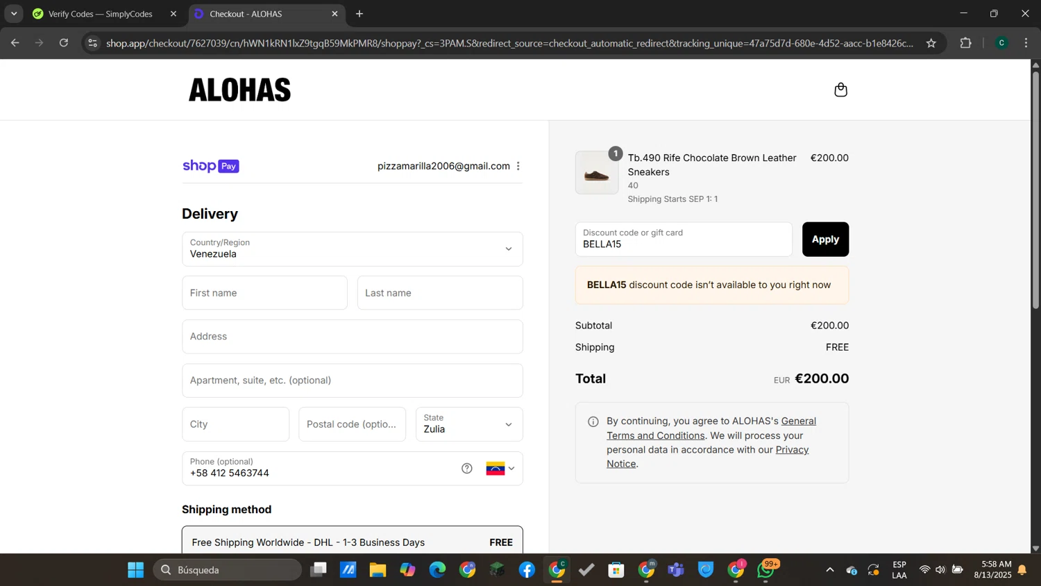 Alohas coupon code screenshot showing code BELLA15 applied at Alohas checkout page. Uploaded by SimplyCodes community member neygoot on Aug 13, 2025