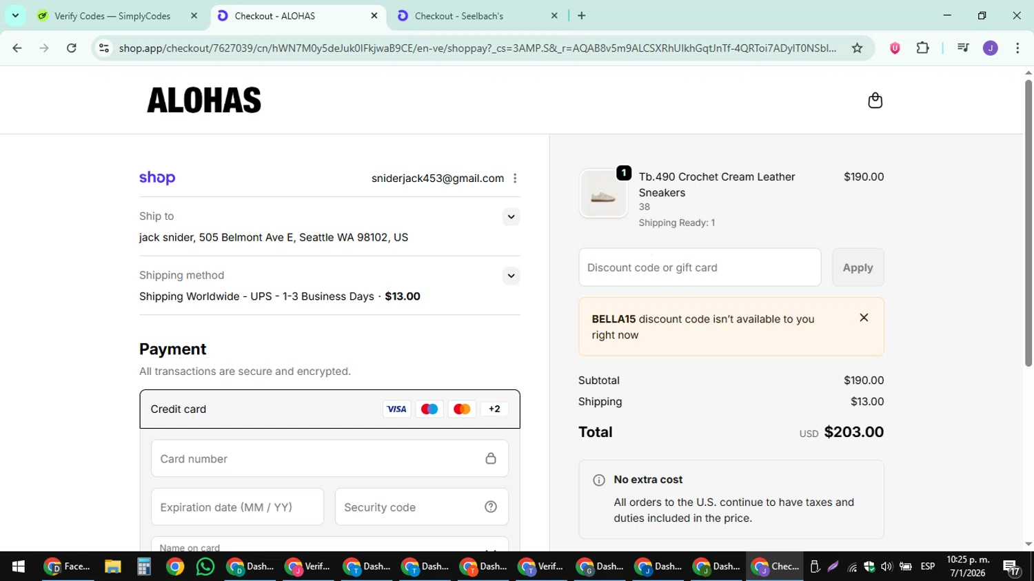 Alohas coupon code screenshot showing code BELLA15 applied at Alohas checkout page. Uploaded by SimplyCodes community member sniderjack453 on Jan 8, 2026