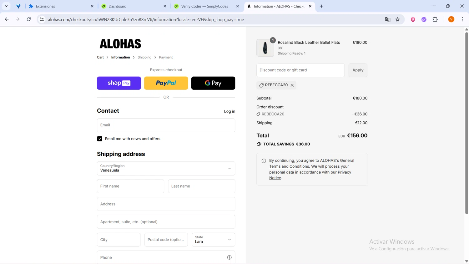 Alohas coupon code screenshot showing code Rebecca20 applied at Alohas checkout page. Uploaded by SimplyCodes community member BrilliantLion4485 on Aug 24, 2025