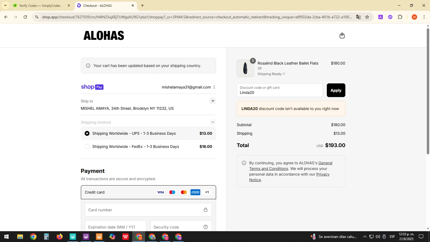 Alohas coupon code screenshot showing code Linda20 applied at Alohas checkout page. Uploaded by SimplyCodes community member ExtraordinaryDefender1444 on Aug 21, 2025
