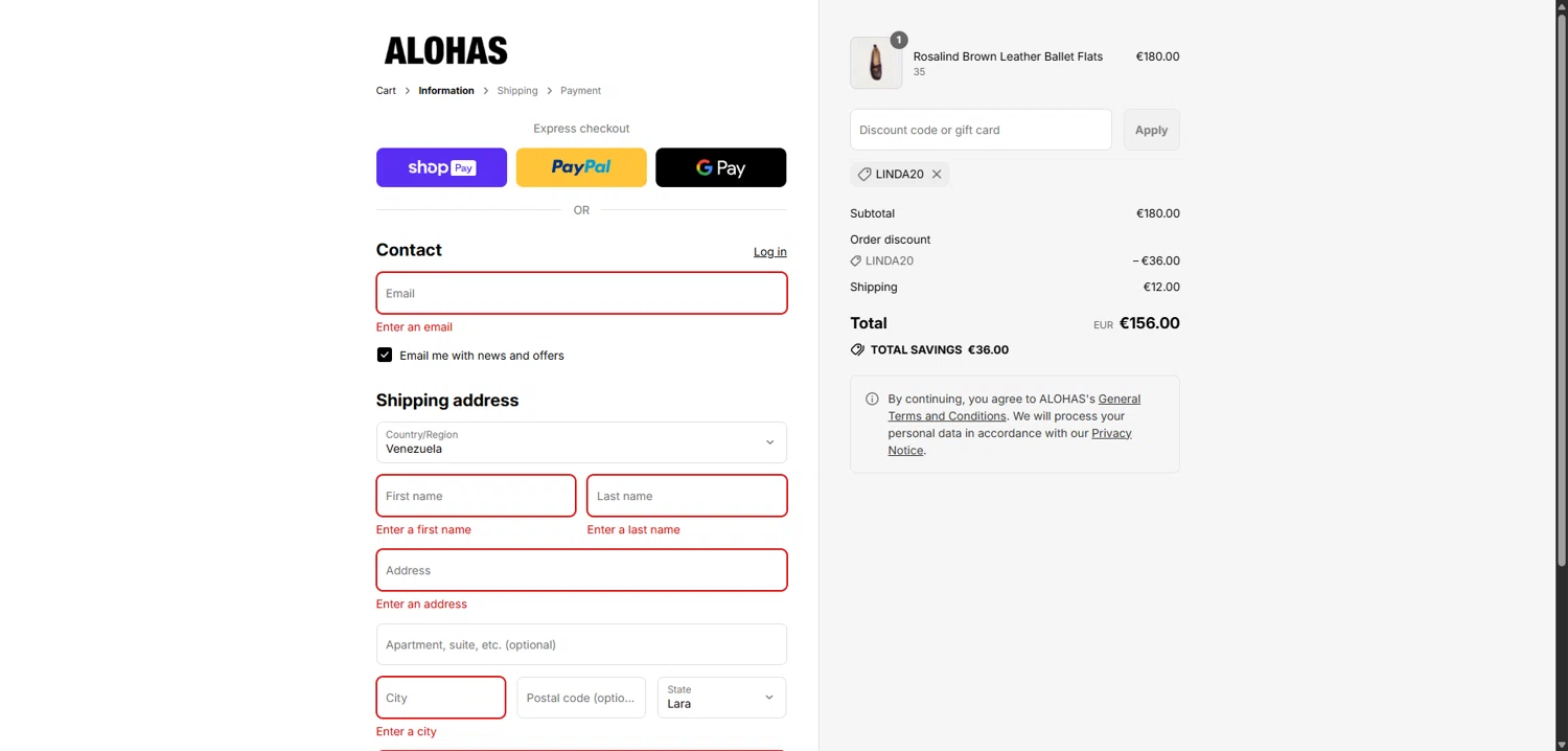 Alohas coupon code screenshot showing code Linda20 applied at Alohas checkout page. Uploaded by SimplyCodes community member FrugalPhoenix2446 on Aug 6, 2025