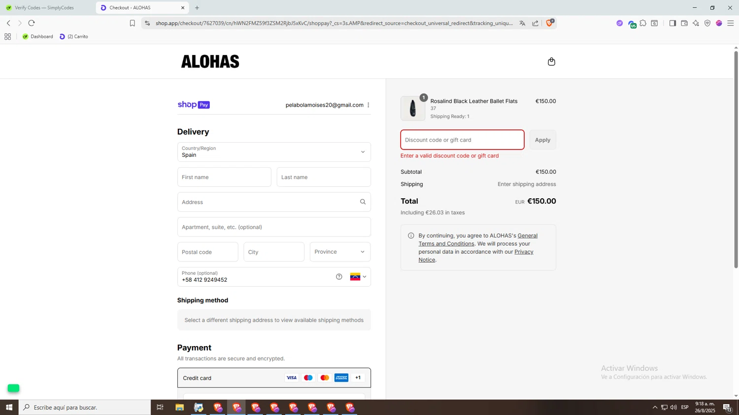 Alohas coupon code screenshot showing code Andrea20 applied at Alohas checkout page. Uploaded by SimplyCodes community member kamadoTanjiro on Aug 26, 2025