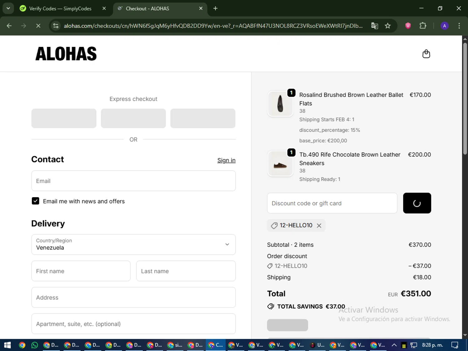 Alohas coupon code screenshot showing code 12-HELLO10 applied at Alohas checkout page. Uploaded by SimplyCodes community member MagnificentWarden4603 on Dec 21, 2025
