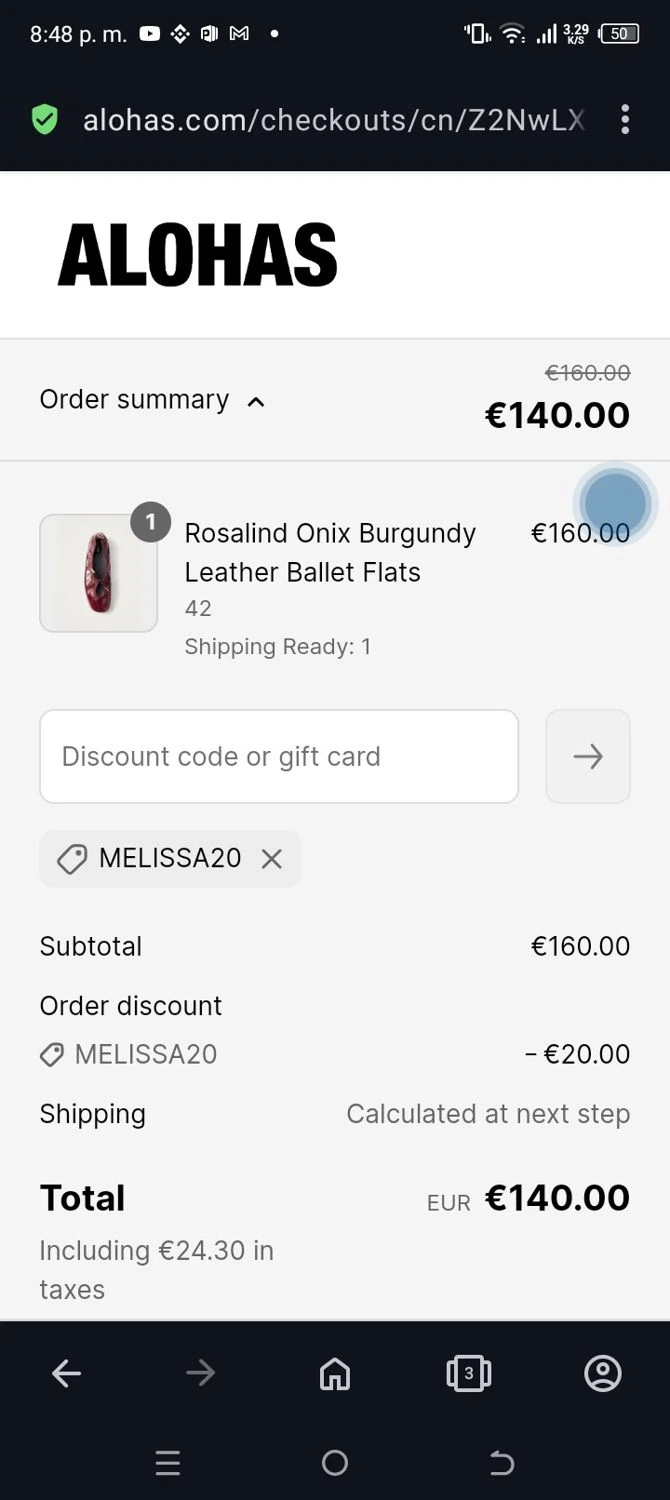 Alohas coupon code screenshot showing code Melissa20 applied at Alohas checkout page. Uploaded by SimplyCodes community member ANABEL on Mar 23, 2025