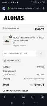 Andrea20 coupon verification screenshot