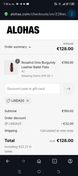 Linda20 coupon verification screenshot