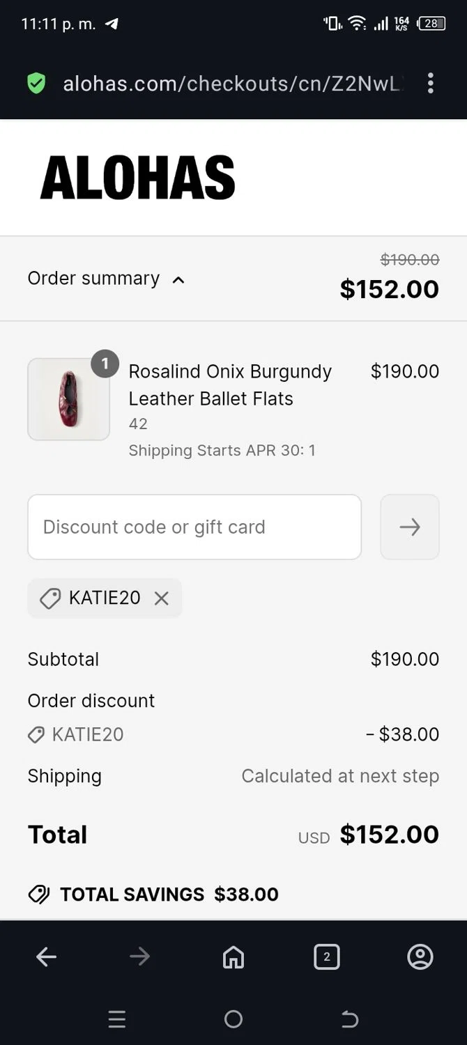 Alohas coupon code screenshot showing code Katie20 applied at Alohas checkout page. Uploaded by SimplyCodes community member ANABEL on Apr 8, 2025