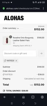 Katie20 coupon verification screenshot