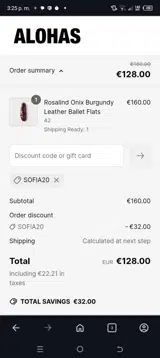 Sofia20 coupon verification screenshot