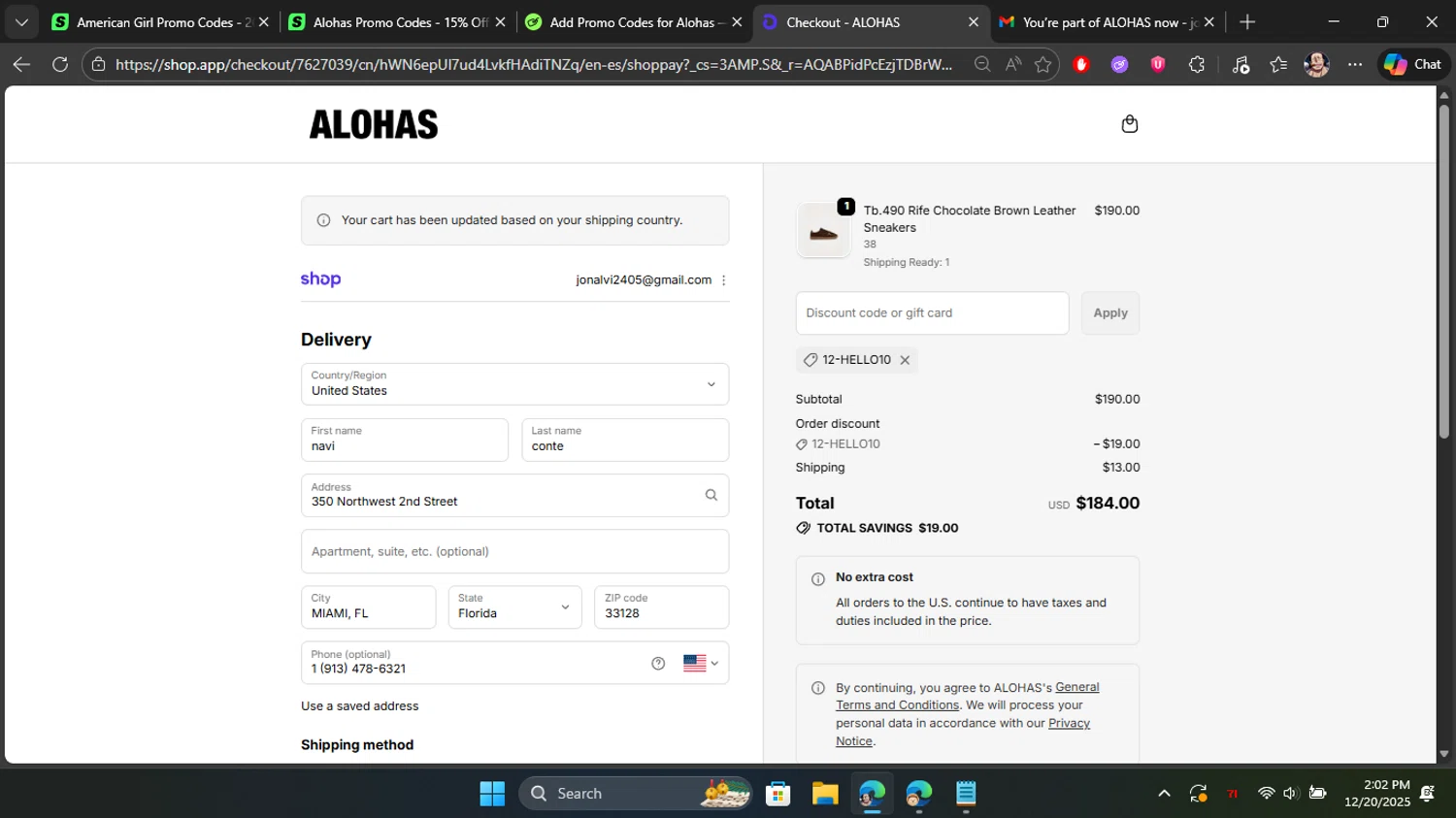 Alohas coupon code screenshot showing code 12-HELLO10 applied at Alohas checkout page. Uploaded by SimplyCodes community member Blackleg_Sanji on Dec 20, 2025