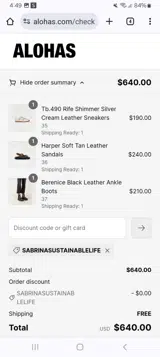 SABRINASUSTAINABLELIFE coupon verification screenshot
