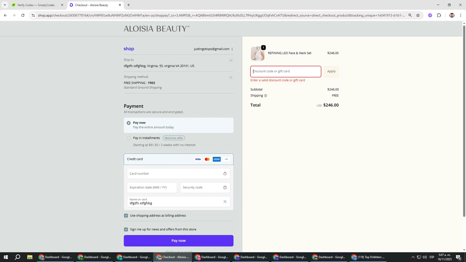 Aloisia Beauty discount code screenshot showing code ALOISIA25 applied at Aloisia Beauty checkout page. Uploaded by SimplyCodes community member Salometta on Nov 16, 2025