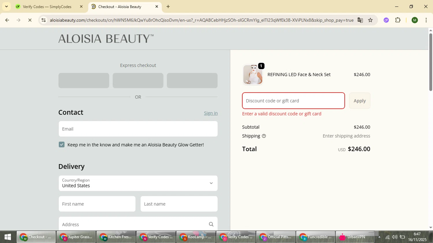 Aloisia Beauty discount code screenshot showing code ALOISIA25 applied at Aloisia Beauty checkout page. Uploaded by SimplyCodes community member loversuper on Nov 16, 2025