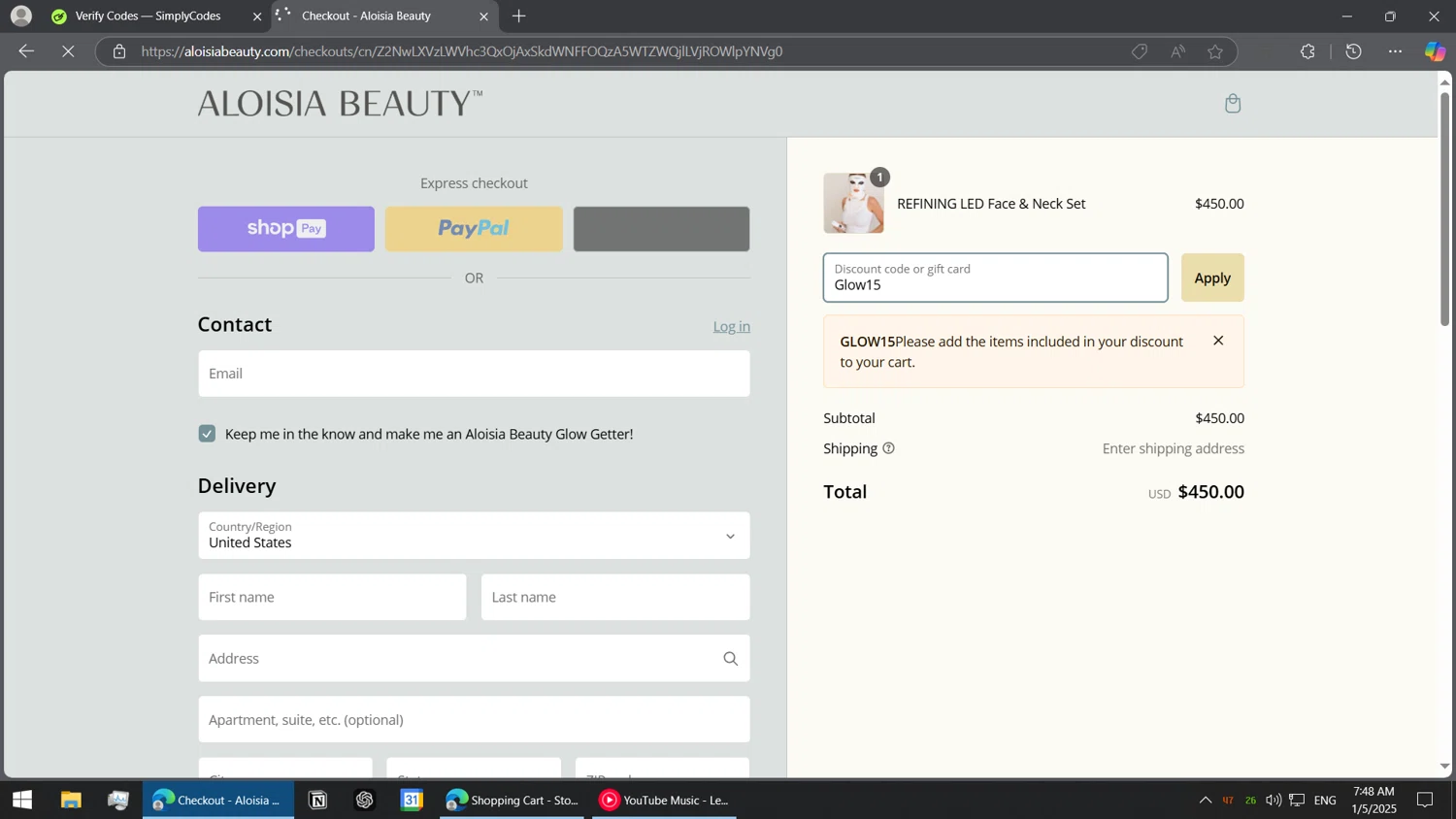 Aloisia Beauty discount code screenshot showing code Glow15 applied at Aloisia Beauty checkout page. Uploaded by SimplyCodes community member BorgeZzz on Jan 5, 2025