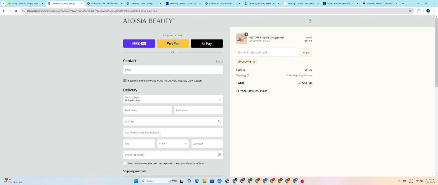 Aloisia Beauty discount code screenshot showing code Glow15 applied at Aloisia Beauty checkout page. Uploaded by SimplyCodes community member darlisiglesias on Feb 3, 2025