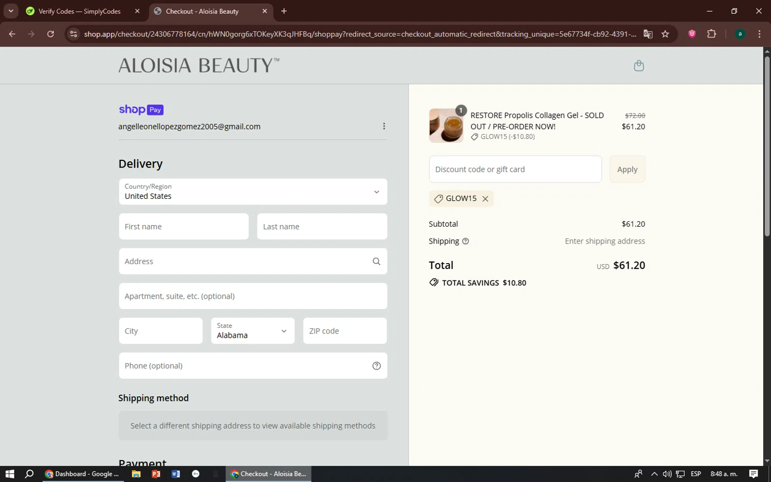 Aloisia Beauty discount code screenshot showing code Glow15 applied at Aloisia Beauty checkout page. Uploaded by SimplyCodes community member zizu55 on Jul 16, 2025