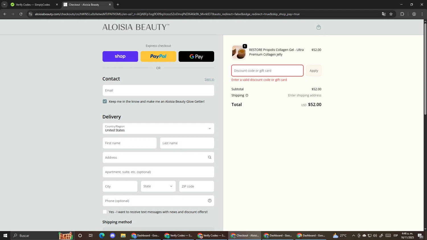 Aloisia Beauty discount code screenshot showing code Led25 applied at Aloisia Beauty checkout page. Uploaded by SimplyCodes community member Pirlo420 on Nov 16, 2025