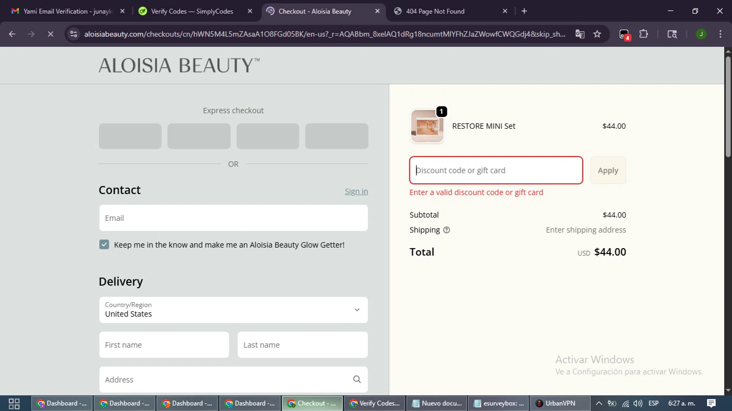 Aloisia Beauty discount code screenshot showing code Led25 applied at Aloisia Beauty checkout page. Uploaded by SimplyCodes community member SmartLion6646 on Nov 16, 2025