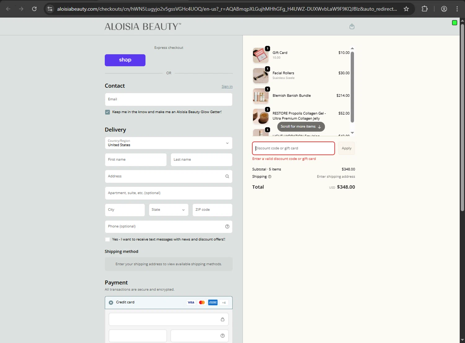 Aloisia Beauty discount code screenshot showing code Led25 applied at Aloisia Beauty checkout page. Uploaded by SimplyCodes community member megagei on Nov 16, 2025