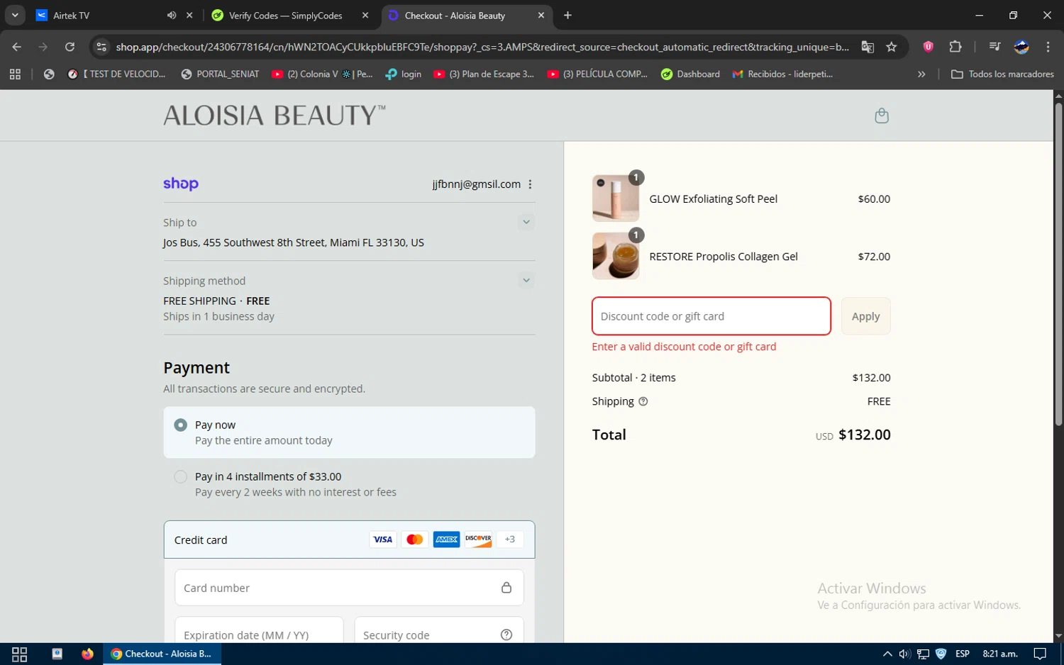 Aloisia Beauty discount code screenshot showing code Cleanse50 applied at Aloisia Beauty checkout page. Uploaded by SimplyCodes community member SavvySage3352 on Sep 1, 2025