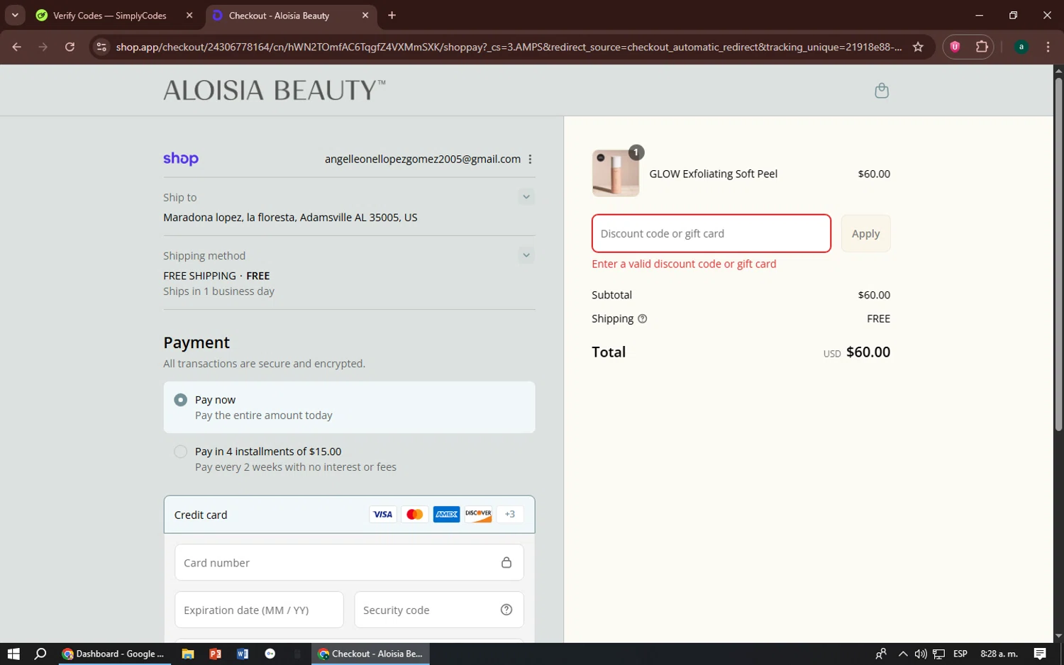 Aloisia Beauty discount code screenshot showing code Cleanse50 applied at Aloisia Beauty checkout page. Uploaded by SimplyCodes community member zizu55 on Sep 1, 2025