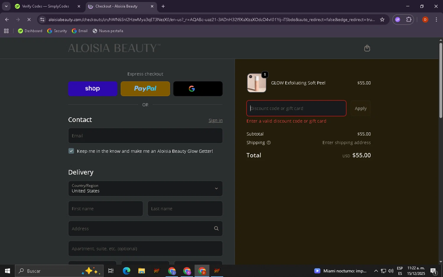 Aloisia Beauty discount code screenshot showing code day5 applied at Aloisia Beauty checkout page. Uploaded by SimplyCodes community member LegendaryCollector9893 on Dec 15, 2025